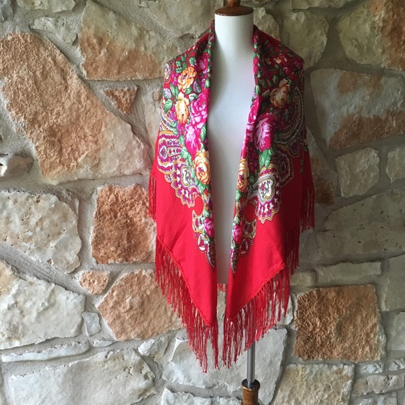 New! Red Fringe Floral Russian Scarf - Picture 3 of 6